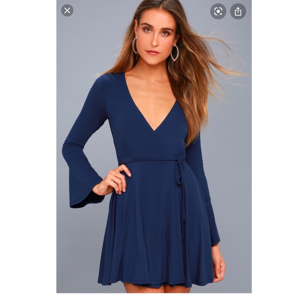 Plot Twist Navy Blue Flounce Sleeve Wrap Dress